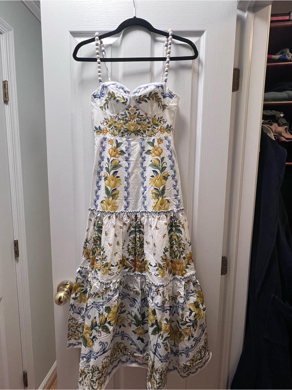 FARM Rio White Midi Dress with Yellow Floral and Blue Accents